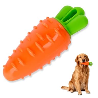 DAMAH Indestructible Carrot Dog Toy for Aggressive Chewers with Squeaky, Rubber Tough Dog Squeaky Chew Toys Teeth Cleaning Toy for Large, Medium and Small Breeds