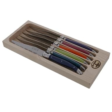 Jean Dubost Laguiole 6-Piece Steak Knife Set, Paris Colors Handles - 1.2 mm Blades - Rust-Resistant Stainless Steel - Includes Wooden Tray - Made in France