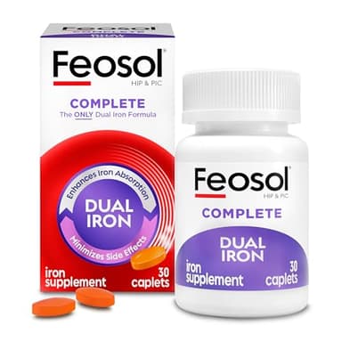 Feosol Complete Iron Supplement Caplets, Bifera Iron for High Absorption, Heme and Non-Heme Dual Action Minimizes Side Effects, 1 Per Day, for Energy and Immune System Support, Made in USA, 30 Count