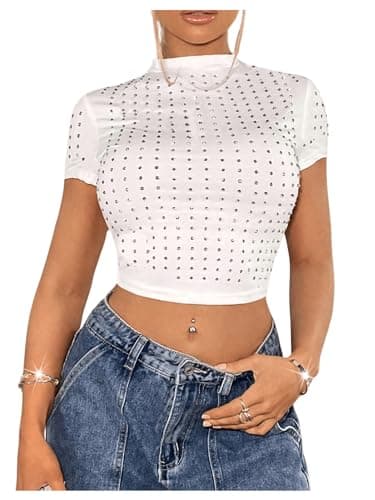 WDIRARA Women's Y2k Rhinestone Crop Tops Mock Neck Short Sleeve Slim Fit Tee Shirt White Large