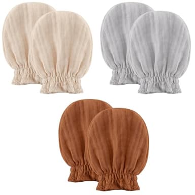 Pro Goleem 3-Pack Muslin Baby Mittens for Newborn, 100% Cotton No Scratch Soft Breathable Gloves with Elastic Strap for Baby Boy and Girls 0-6 months, Brown Beige Grey