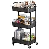 Sywhitta 3-Tier Plastic Rolling Utility Cart with Handle, Multi-Functional Storage Trolley for Office, Living Room, Kitchen, Movable Storage Organizer with Wheels, Black