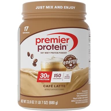 Premier Protein Powder, Café Latte, 30g Protein, 95mg Caffeine for Energy, No Added Sugar, 100% Whey Protein, Keto Friendly, Soy & Gluten Free, 23.9 oz (17 Servings)