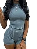 AYWA Two Piece Outfits for Women Fitted Crew Neck T-shirt High Waist Leggings Biker Shorts Matching Sets Streetwear (Blue Grey-shorts, Small)