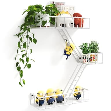MVPSONAG Fire Escape Shelf - 3 Tier Metal White Fire Escape Wall Shelves with Baskets, New York Action Figurine Display Shelf, Unique Rustic Floating Decorative Wall Shelves for Any Room
