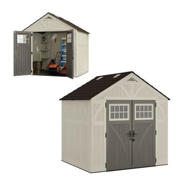 Suncast 8x7 Ft. Outdoor Storage Shed - Large Resin Shed with Floor, Lockable Double Doors, & Skylights. 378 Cu Ft Tremont Garden Sheds & Outdoor Storage for Lawn Tools, Riding Mowers, Bikes, & More