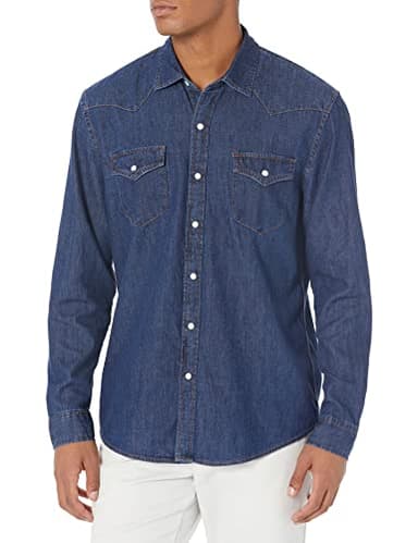 Amazon Essentials Men's Long Sleeve Denim Shirt, Regular-Fit, Blue, Large
