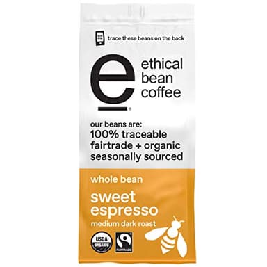 Ethical Bean Fairtrade Organic Coffee, Whole Bean Espresso Coffee (12 Oz Bag), Sweet Espresso Medium Dark Roast, 0.75 Lb