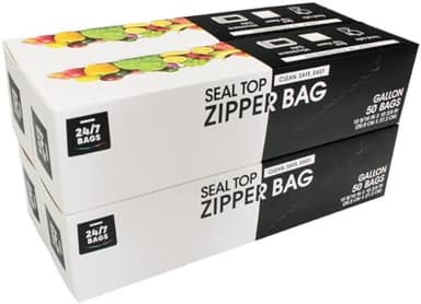 24/7 Bags- Gallon Zip Storage Bags, 200 Count, Double Zipper Seal, Easy Grip Open Tabs, Write-On Space, BPA-Free & Heavy Duty, Microwave Safe, Non-StandUp