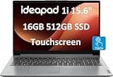 Lenovo IdeaPad 15.6" FHD Touchscreen Laptop (16GB RAM, 512GB SSD, Intel 6-Core i3-1215U (> i5-1135G7)), Narrow Bezel, Webcam, 10-Hour Long Battery Life, Wi-Fi 6, Win 11 Home S Mode, Cloud Grey