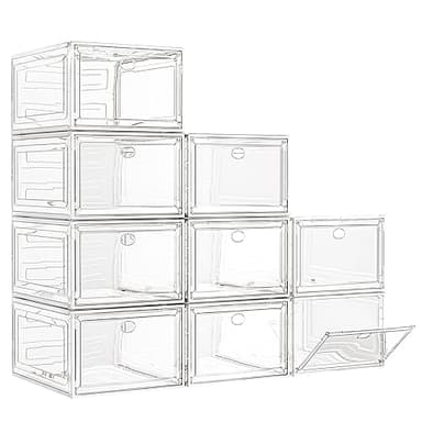 7 code Large Clear Shoe Boxes Organizer【Thicker Material】 Stronger Shoe Box with Magnetic Door, Stackable Shoe Storage Box for Closet, Foldable Space-Saving Storage Bins Shoe Cabinet, White 9 Pack