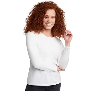 Hanes Long Sleeve Cotton T-Shirt, Lightweight Crewneck Tee for Women, Modern Fit, White, Medium