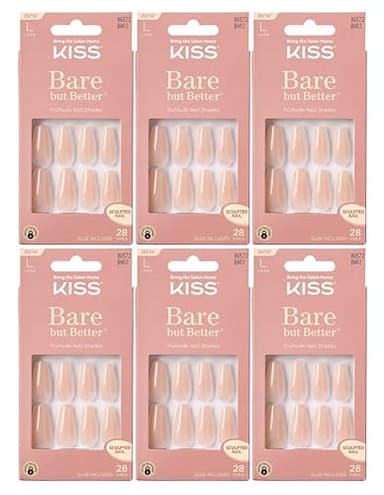 KISS Bare But Better TruNude Fake Nails Nude Nail Shades Manicure Set, Nude Drama', 28 Chip Proof, Smudge Proof Glue-On Nails (Pack of 6)