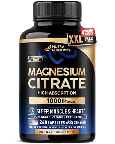 Magnesium Citrate Capsules 1000mg | High Absorption Supplement - Sleep, Muscle & Heart Support - Vegan | Non-GMO - Made in USA - As Powder | Pills | Tablets - 240 Capsules, 4 Month Supply