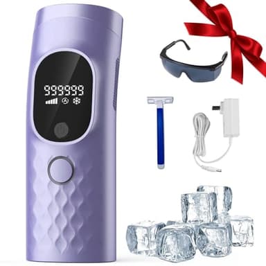 Laser Hair Removal for Women and Men - Permanent Painless Ice Cooling IPL Device Remover Machine with Shaver, Goggles, 999,999 Flashes for Body and Face, Corded - Purple