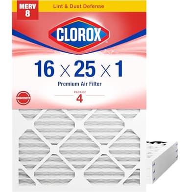 Clorox 16x25x1 Air Filter, MERV 8 Pleated HVAC AC Furnace Air Filters for Lint, Dust and Pollen, MPR 600 & FPR 5 – Pack of 4