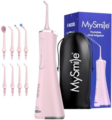 MySmile LP211 Cordless Water Flossers, Portable Rechargeable Oral Irrigator for Teeth Cleaning, 5 Cleaning Modes, IPX7 Waterproof, 8 Replacement Tips and a Storage Pouch (Juicy Pink)