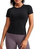 CRZ YOGA Seamless Short Sleeve Shirts for Women Breathable Running Workout Tops Athletic Gym Yoga Basic T-Shirts Black Large