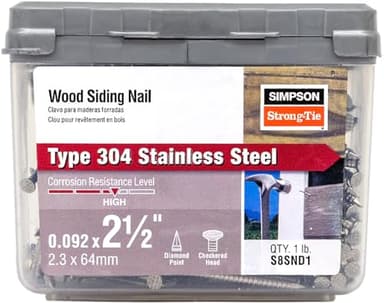 Simpson Strong-Tie S8SND1 Ring-Shank Wood Siding Nail, 2-1/2 Inch x 0.092 Inch,13 Gauge, Full Round Head, Diamond Point, Type 304 Stainless Steel (Pack of 196)
