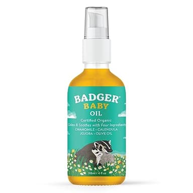 Badger Baby Oil, 100% Organic Ingredients to Soften & Moisturize Dry Skin or Cradle Cap, Soothing Vegan Organic Baby Oil, 4 fl oz Glass Bottle