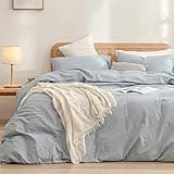 BESTOUCH Duvet Cover Set 100% Washed Cotton Linen Feel Super Soft Comfortable Chic Lightweight 3 PCs Home Bedding Set Cornflower Blue Queen
