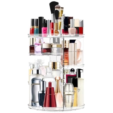 Makeup Organizer 360 Degree Rotating Cosmetic Organizer DIY Adjustable Makeup Carousel Spinning Holder Rack, Large Capacity Cosmetic Storage Box Makeup Brushes Organizer for Vanity Countertop (Clear)