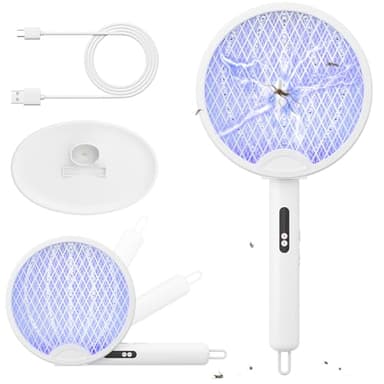 YISSVIC Electric Fly Swatter Foldable Bug Zapper Racket 2 in 1 Mosquito Killer with Purple Attractant Light Rechargeable 1800mAh for Indoor Home Backyard Patio Camping