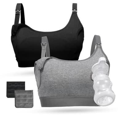 Momcozy Pumping Bra Hands Free, Pumping and Nursing Bra in One Holding Breast Pump for Spectra, Lansinoh, Medela, Black,grey-2pk, Large