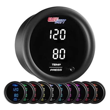 GlowShift 10 Color Digital Dual Temperature & Pressure Gauge Kit - for Boost, Oil PSI, Water Coolant & Transmission Temp - Includes 1/8-27 NPT Electronic Sensors & Wiring - Multi-Color Display - 52mm