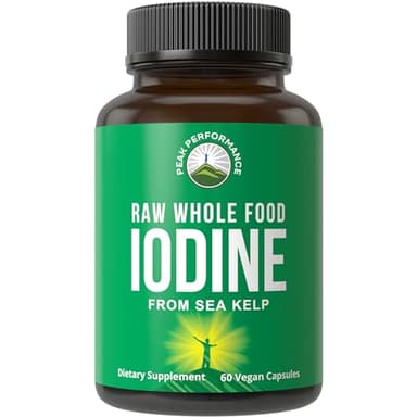 Raw Whole Food Iodine Supplement from Organic Kelp (Ascophyllum Nodosum) by Peak Performance. Potassium Iodide Support Tablets. for Metabolism, Energy, and Immune. 60 Vegan Capsules, Pills.