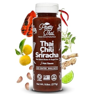 Pretty Thai Chili Sriracha Hot Sauce, Thai Style Chili Sriracha Asian Hot Sauce, Perfect in Stir Fry, Marinades, and Dipping; Non-GMO, Gluten Free, Zero Sugar, Vegan, 100% Natural Ingredients 9.8 oz (277g)