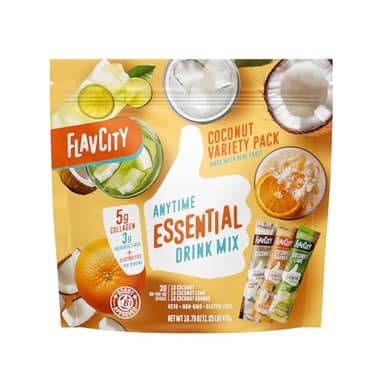 FlavCity Anytime Essential Coconut Variety Pack - Powder Drink Mix Packets with Collagen & Coconut Water - Water Flavoring Packets in 3 Flavors - Collagen, Fiber & Electrolytes (30 Stick Packs)