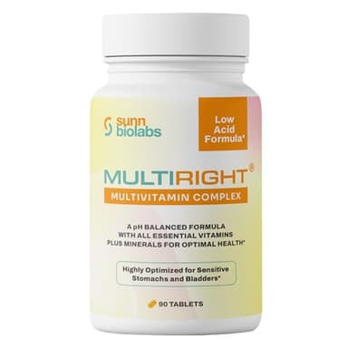 SUNN BIOLABS MULTIRIGHT | Low Acid MULTIVITAMIN | Bladder-Friendly | 14 Vitamins & 14 Minerals |, pH Balanced | Easy on Digestion-Less Acidic | Buffered Vitamin C | 90 Tablets
