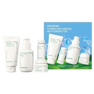 innisfree Hydration Heroes Set with Green Tea, Korean Skincare Kit Featuring Moisturizing Serum, Toner, Cleanser & Cream