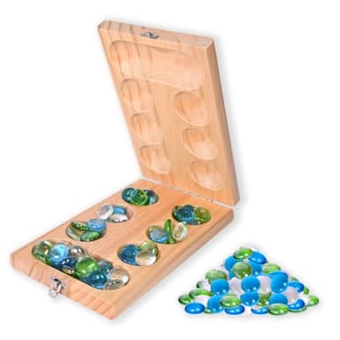 Elbow Room Games Mancala Set, Folding Wooden Board with 48 Glass Stones in Blue, Green, and White, Portable Travel Design, Classic Strategy Game for 2 Players