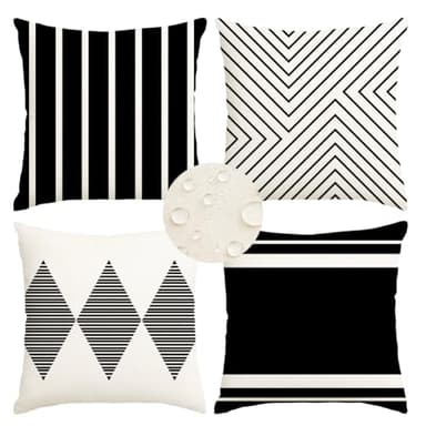 RABUSOFA Outdoor Pillows Waterproof,18x18 inch Black and White Throw Pillows Boho Set of 4 for Patio Furniture,Sunbrella Outdoor Pillow Covers for Couch(2W-18) (no Insert)