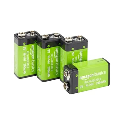 Amazon Basics 4-Pack Rechargeable 9 Volt Ni-MH Batteries, 200 mAh, Pre-Charged, Long Lasting Power, Recharge up to 1000x Times