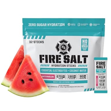 Fire Science Fire Salt Hydration Sticks, Electrolytes & Coconut Water, Hydration Drink Mix with Magnesium, Potassium & Sodium, Zero Sugar, Single Serve On The Go Packs, Watermelon Flavor, 32 Count