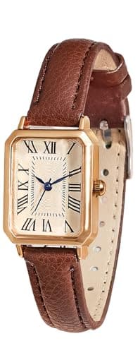 BESTKANG Leather Strap Watches for Women Elegant Dainty Ladies Watch Vintage Rectangle Women Quartz Wrist Watch (Brown Gold)