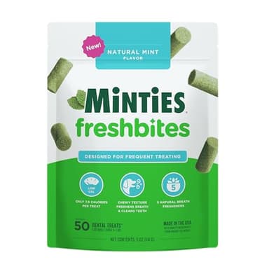 Minties FreshBites Soft and Chewy Dental Treats for Dogs, Low Calorie Natural Mint Flavored Dental Chews for Dogs, 50 Count, Chews Clean Teeth, Fight Bad Breath, and Removes Plaque and Tartar