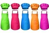 Tamicy 10 Pieces Kids Chef Hat and Apron Set - Child Kitchen Bib Aprons with Pockets Girls Boys Chef Hats for Cooking Baking Gardening Painting Wear (Rose Red,Green,Blue,Orange,Purple)