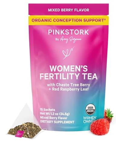 Pink Stork Organic Fertility Tea for Women | Fertility Supplements for Women with Chaste Tree Berry (Vitex) + Red Raspberry Leaf | Hormone Balance Herbal Tea for Conception Support | USDA Organic, Caffeine Free - Mixed Berry, 15 Sachets