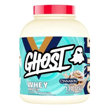 GHOST Whey Protein Powder, Cinnabon - 5LB, 25G of Protein - Cinnamon Roll Flavored Isolate, Concentrate & Hydrolyzed Whey Protein Blend - Post Workout Shakes - Soy & Gluten Free