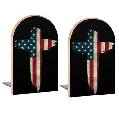 American Flag in Cross Book Ends Decorative Wood Bookends for Shelves Kids Room Desk Home Office Book Stoppers for Magazines,Books, DVDs, 1 Pair/2 Pieces(5x3.1 in)