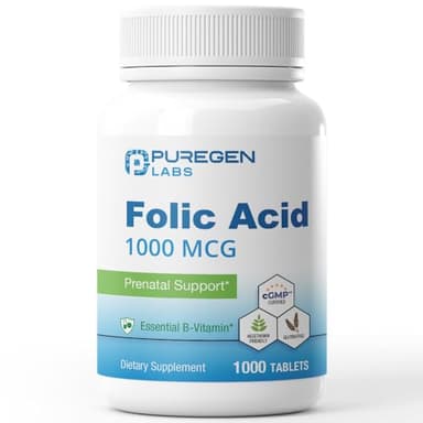 Puregen Labs Folic Acid 1000 mcg Tablets | Vitamin B9 | Non-GMO | Gluten Free | Value Size 1000 Tablets