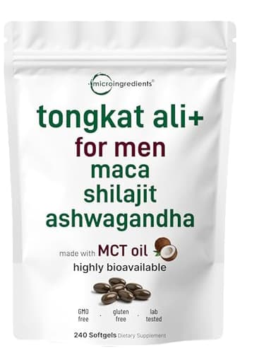 Tongkat Ali+ for Men with Maca, Shilajit, & Ashwagandha | 240 Softgels with MCT Oil for Better Absorption | Max Strength Eurycoma Longifolia Extract (Longjack) | Non-GMO, Gluten Free