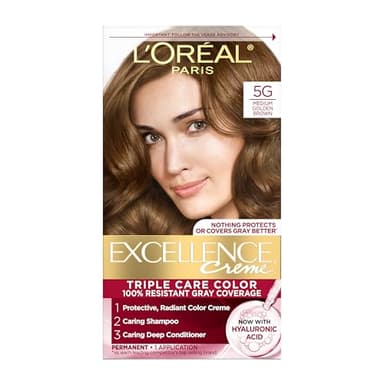 L'Oreal Paris Excellence Crème Permanent Hair Dye, Triple Care Hair Color with Hyaluronic Acid for 100% Gray Coverage, 5G Medium Golden Brown, 1 Kit (Packaging May Vary)