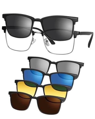 LEXNHOM 6-in-1 Magnetic Clip-On Sunglasses for Men,Polarized Sunglasses TR90 Frame with Blue Light Glasses & 5 Interchangeable Lenses Fit Fishing,Night Driving,UV Protection