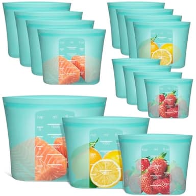Annaklin Reusable Food Bags, 12 Pack 100% Silicone Food Storage Bags Stand Up Zip Lock Container, Freezer Microwave Oven Dishwasher Safe, 4 Medium 4 Small 4 Extra Small, Aqua