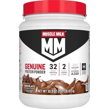 Muscle Milk Genuine Protein Powder, Chocolate, 1.93 Pounds, 13 Servings, 32g Protein, 2g Sugar, Calcium, Vitamins A, C & D, NSF Certified for Sport, Energizing Snack, Packaging May Vary